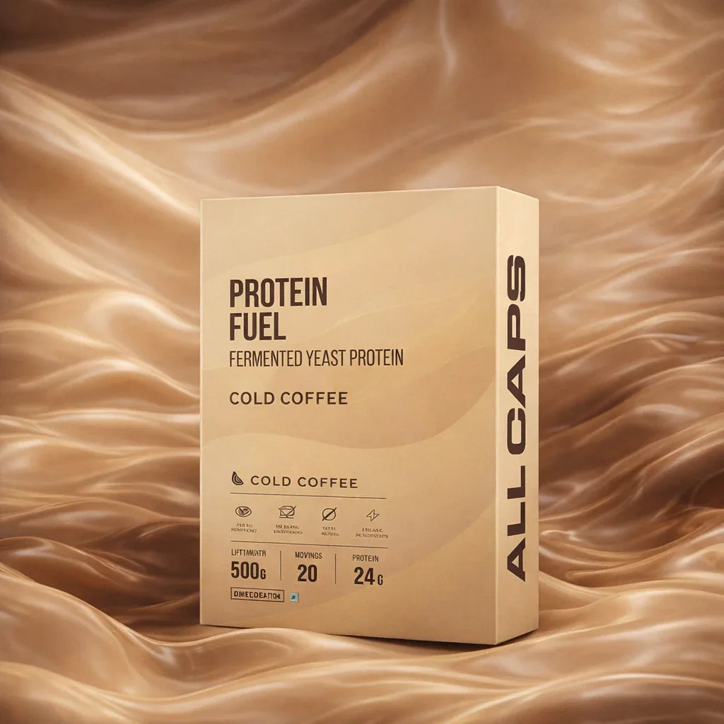 Protein Fuel Cold Coffee box with fermented yeast protein, 24g protein per serving, on silky brown background