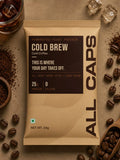 All Caps Cold Brew protein pack with 25g vegan protein, coffee beans, and iced coffee glass