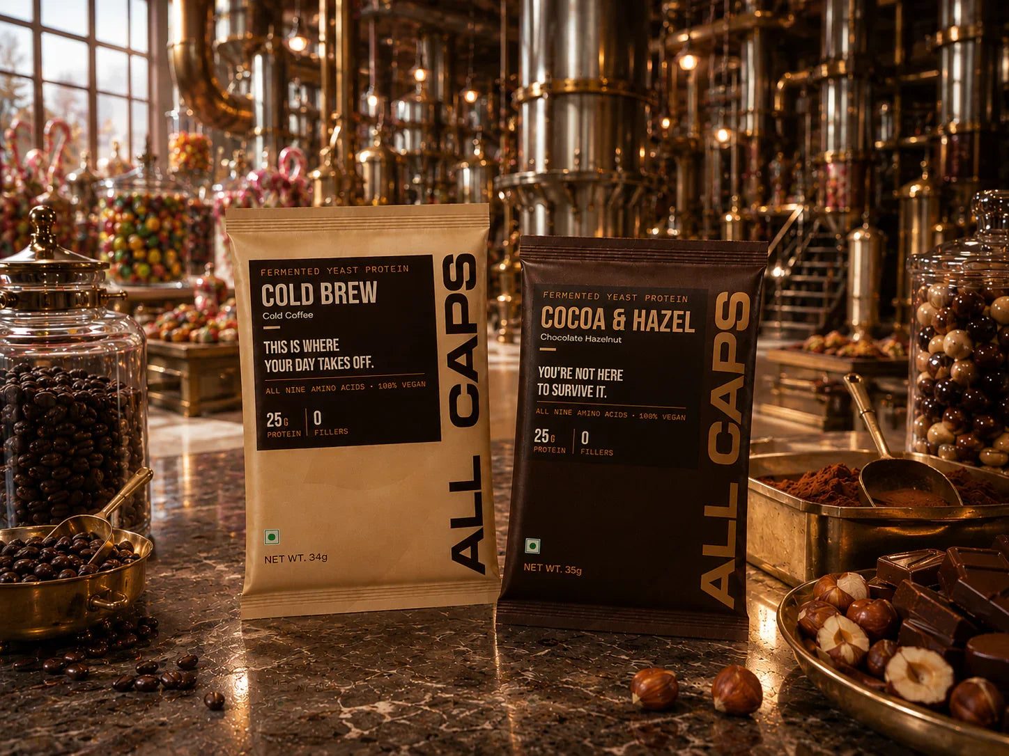All Caps fermented yeast protein packs: Cold Brew & Cocoa Hazelnut flavors with 25g protein, vegan, no fillers