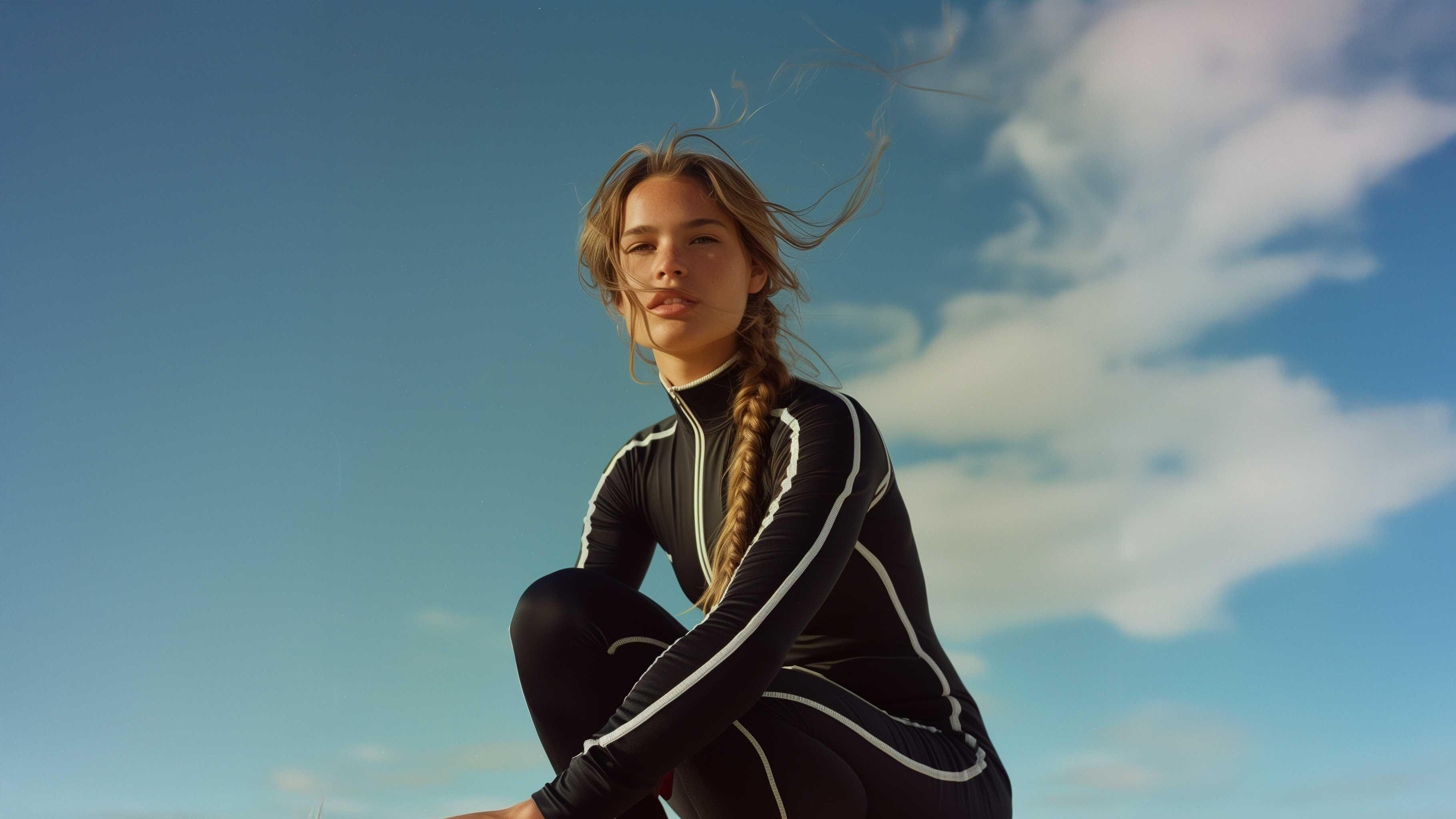 Woman in black long-sleeve wetsuit with white stripes, crouching under blue sky with clouds