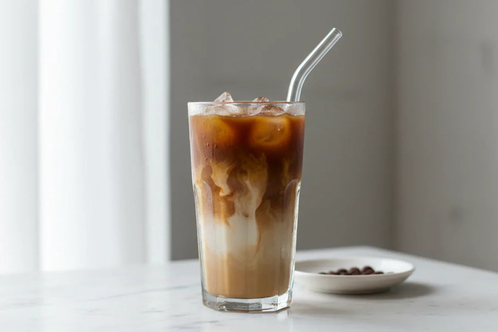 Iced coffee with milk swirl, glass cup, and glass straw on marble table