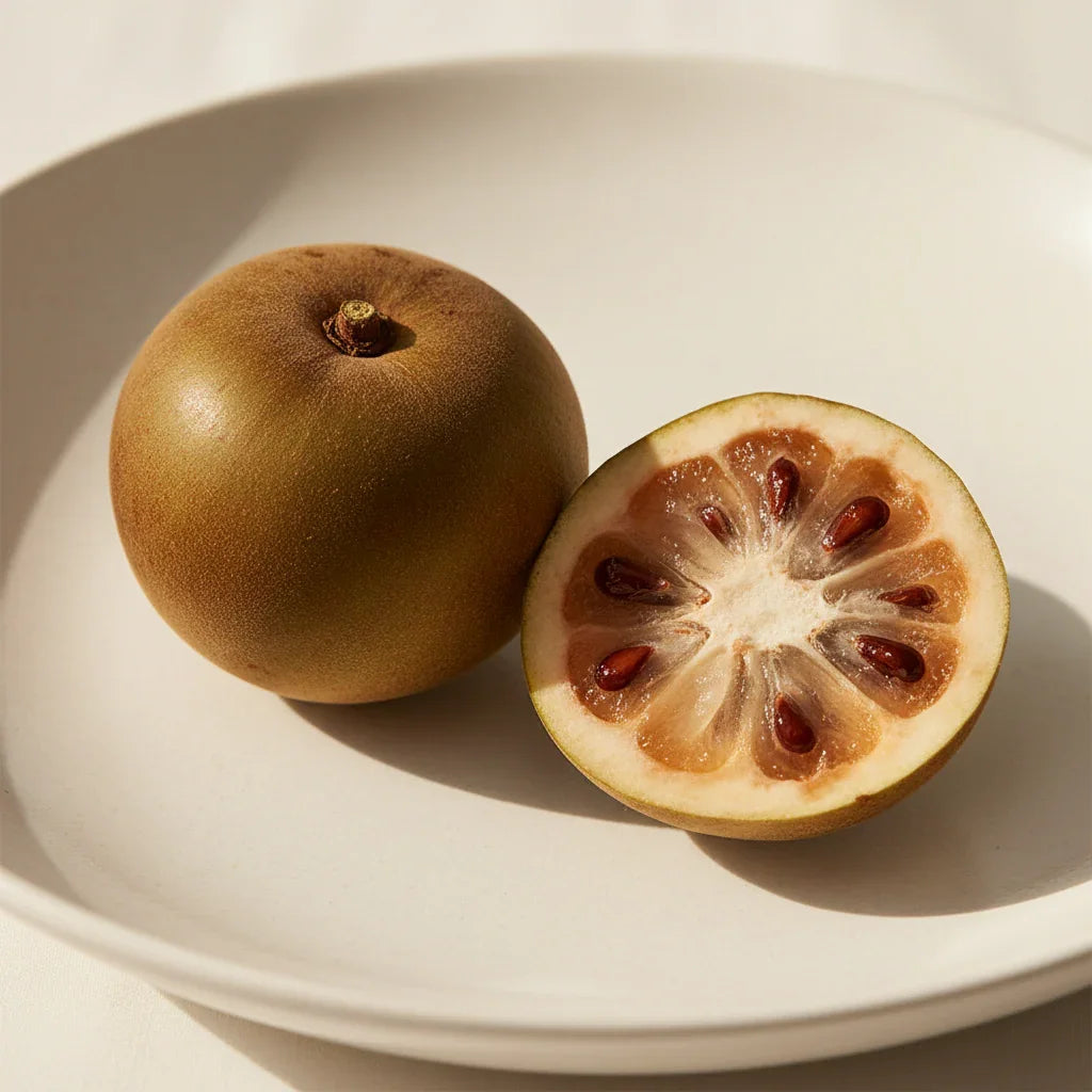 Whole and halved kiwano melon on white plate, showcasing orange flesh and seeds